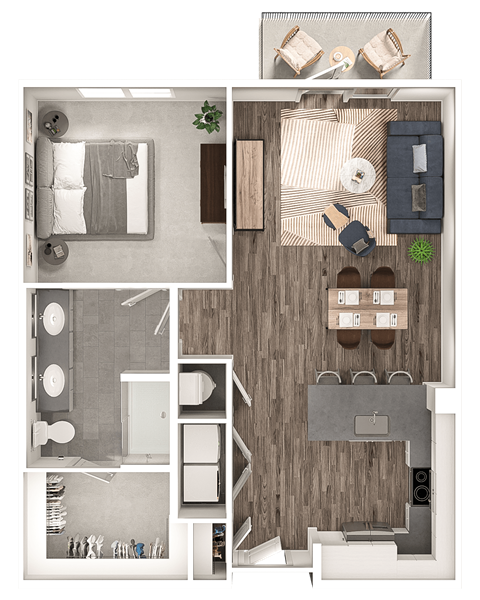 Floor plan for 1 bed, 1 bath, 835 sqft
